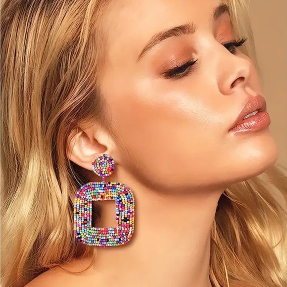 🔥 Clearance 🔥 Colorful Beaded Square Drop Earrings - Picture 2 of 3